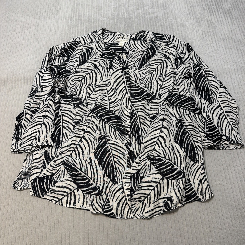 Cynthia Rowley Women Button Up Linen Tunic Top Plus Size 2X Black Leaf Lagenlook